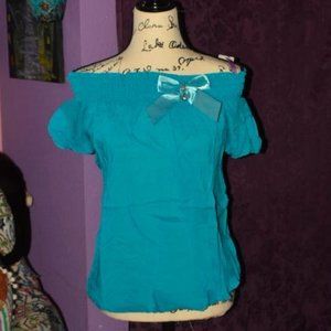 Baby Doll Blue Off-Shoulder Smocked Peasant Top Blouse M/L Cap  Sleeve NWT